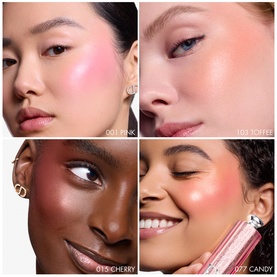 Four models wearing Dior highlighter blush in shades 001 Pink, 103 Toffee, 015 Cherry and 077 Candy on cheeks.