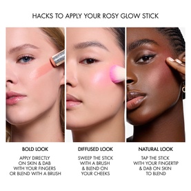 Dior Rosy Glow Stick in 106 Pomelo shown in three application tutorials: bold, diffused, and natural looks across different skin tones.