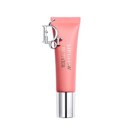 Dior Addict Lip Glow Butter lip balm in 106 Pomelo, coral-pink squeeze tube with silver cap and Dior charm detail