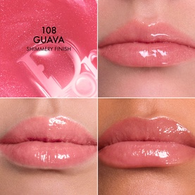 Dior Addict Lip Glow Butter in 106 Pomelo lip balm, swatch collage showing glossy pink tint on lips with shimmery finish