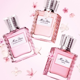 Dior Miss Dior fragrance trio featuring Blooming Bouquet, Eau de Parfum and Parfum Roller-Pearl in pink bottles with floral accents