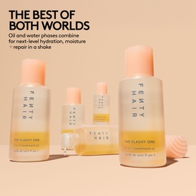 Fenty Hair The Flashy One hair oil collection displayed in multiple sizes, featuring peach and yellow tones with minimalist packaging.