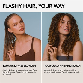 Two models demonstrating Fenty Hair Oil application: left with sleek blowout, right with defined curly hair finish.