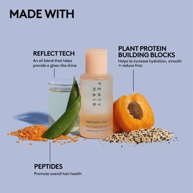 Fenty Hair The Fluent Dose hair oil bottle surrounded by apricot, seeds, and botanicals highlighting key ingredients.
