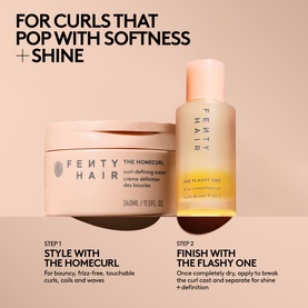 Fenty Hair The Homecurl curl-defining cream and The Flashy One hair oil shown together with two-step styling instructions