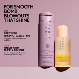 Fenty Hair The Protective Type and The Flashy One styling products shown together with step-by-step blowout instructions.