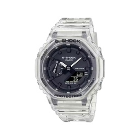 Casio G-Shock watch in clear and black, octagonal case with analogue-digital display and transparent resin strap