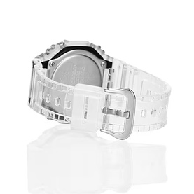 Casio watch in clear and black with transparent resin strap, silver-tone case, rear view showing buckle closure