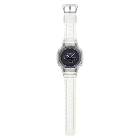 Casio G-Shock watch in clear and black, transparent resin octagonal case and strap with dark analogue-digital dial