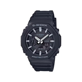 Casio G-Shock black resin strap analogue-digital watch with octagonal case and Protection branding