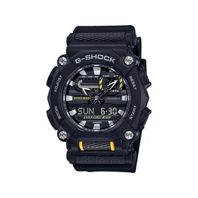 Casio G-Shock analogue-digital watch in black and grey with yellow accents, black resin strap and bold square case
