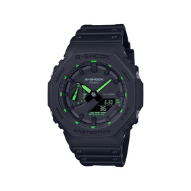 Casio G-Shock watch in black with neon green accents, octagonal resin case, ana-digi dial, and black rubber strap