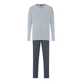 Hanro Pyjamas Set in Celestial Night, light blue V-neck long-sleeve top with navy geometric print trousers
