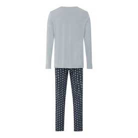 Hanro Celestial Night Pyjamas Set in pale blue top and navy geometric print trousers, shown from the back