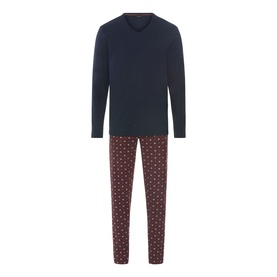 Hanro Pyjamas Set in Sagittarius, navy V-neck long-sleeve top with dark red geometric print trousers, flat lay