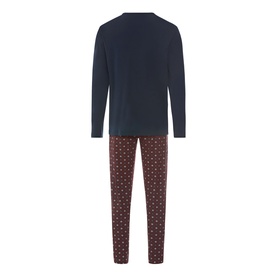 Hanro Sagittarius Pyjamas Set in navy and dark red geometric print, shown flat with long-sleeve top and matching trousers