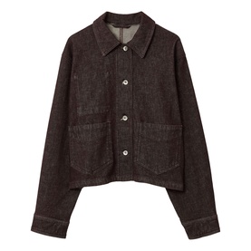 Jigsaw burgundy denim cropped jacket with collar, button front fastening and two front patch pockets
