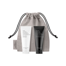 Jo Malone Care Collection Purify & Revitalise Duo with white and black tubes in a grey drawstring pouch