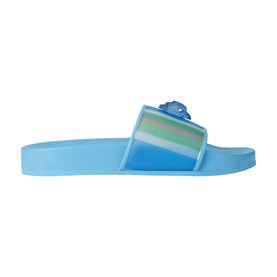 Kurt Geiger London blue rubber pool slide with striped iridescent upper strap and sculptural eagle embellishment, white flat sole.