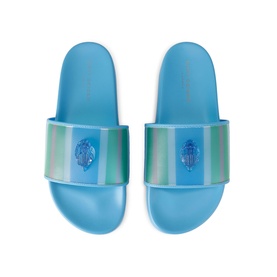 Kurt Geiger London men's blue slide sandals with iridescent striped strap and embossed eagle badge, flat rubber sole