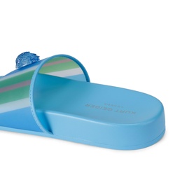 Kurt Geiger London blue slide sandal, striped iridescent upper strap with embossed logo detail, light blue rubber sole, close-up angle