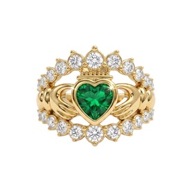 Lynott Jewellery gold Claddagh ring with emerald green heart-cut stone, crown detail, and round white diamond-set band