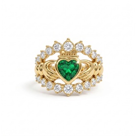 Lynott Jewellery gold Claddagh ring with emerald green heart stone, diamond halo crown and eternity band detailing