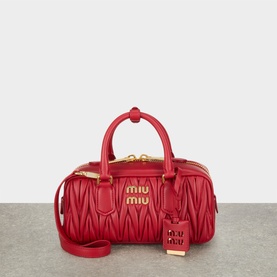 Miu Miu Arcadie Matelass&eacute; Top Handle Bag in Rosso red leather, gold-tone hardware, loop handles, branded swingtag and detachable crossbody strap