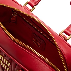 Miu Miu Arcadie Matelass&eacute; Top Handle Bag in Rosso red leather, interior view showing gold-tone zip and branded lining