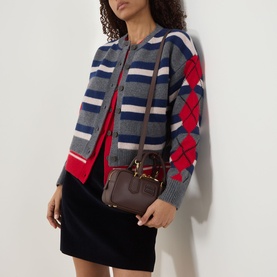Model carrying Miu Miu Arcadie Small Top Handle Bag in Radica with gold-tone hardware, styled with striped knit cardigan and mini skirt.