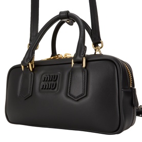 Miu Miu Nero leather crossbody bag with embossed logo, gold-tone hardware, dual top handles and detachable shoulder strap