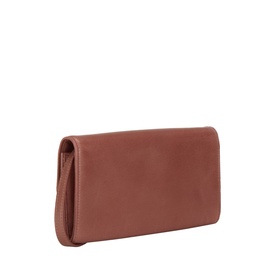 Miu Miu Antico calfskin leather crossbody bag in warm tan, foldover flap, gold-tone clasp, side profile view