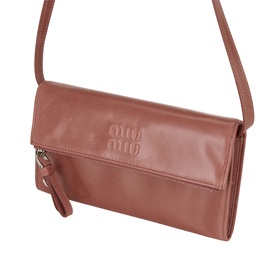 Miu Miu calfskin leather crossbody bag in Antico, foldover flap with embossed logo, zip detail, long adjustable shoulder strap