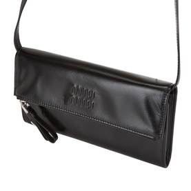 Miu Miu Nero black calfskin leather crossbody bag with embossed logo, zip detail, wrist strap, and slim shoulder strap