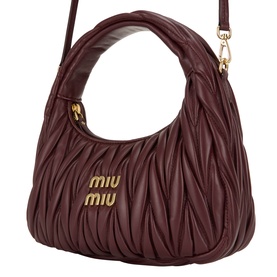 Miu Miu bordeaux matelass&eacute; leather crossbody bag with top handle, gold-tone logo lettering and adjustable shoulder strap