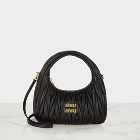 Miu Miu Wander Matelass&eacute; Crossbody Bag in Nero black lambskin with gold-tone hardware, top handle, and detachable crossbody strap