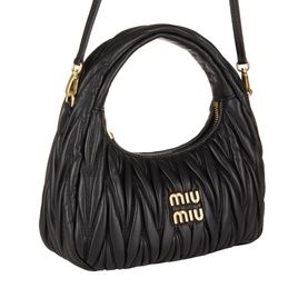 Miu Miu Wander Matelass&eacute; Crossbody Bag in Nero with gold-tone hardware, top handle, zip fastening, and detachable crossbody strap