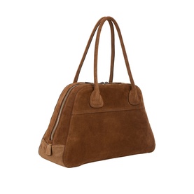 Miu Miu cacao suede tote bag with zip closure, dual top handles, and silver-tone hardware, structured trapeze silhouette