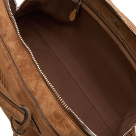 Miu Miu cacao suede tote bag interior view, brown fabric lining with zip fastening and branded pull