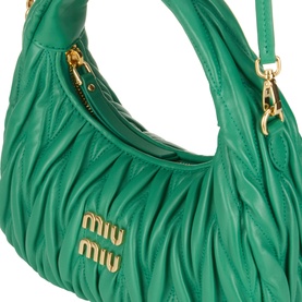 Miu Miu Wander Matelass&eacute; Crossbody Bag in Mango green leather with gold-tone hardware, logo lettering, and adjustable strap