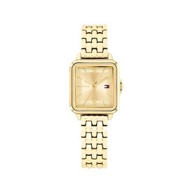 Tommy Hilfiger gold-tone rectangular watch with champagne dial, gold bracelet strap, and signature flag logo detail