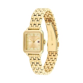 Tommy Hilfiger gold-tone watch with rectangular dial, champagne face, and gold bracelet strap with panther-link design
