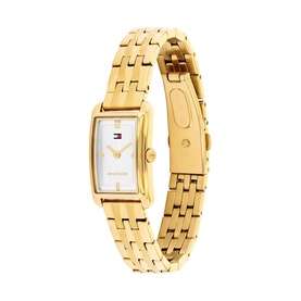 Tommy Hilfiger gold-tone watch with rectangular white dial, gold bracelet strap, and Tommy Hilfiger flag logo detail.