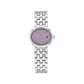 Tommy Hilfiger watch in silver with purple mother-of-pearl dial, crystal hour markers, and silver-tone bracelet strap
