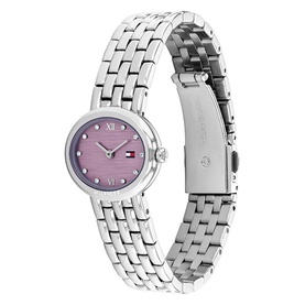 Tommy Hilfiger watch in silver with purple mother-of-pearl dial, crystal hour markers, and stainless steel bracelet strap