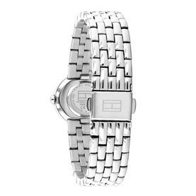 Tommy Hilfiger watch in silver, rear view showing stainless steel bracelet with fold-over clasp and branded case back