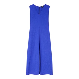 Whistles blue sleeveless midi dress with V-neckline and wide-leg silhouette, photographed flat.