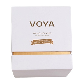 Voya Sea Salt & Cypress Luxury Scented Candle 160g in white and gold gift box, limited edition packaging