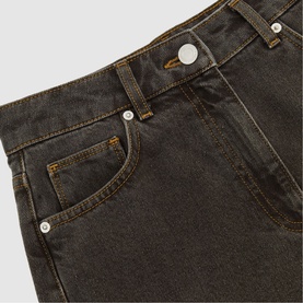 Reiss mushroom brown denim jeans close-up showing coin pocket, belt loops, and contrast stitching detail