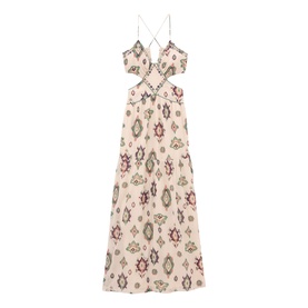 Bash cream maxi dress with geometric ikat print, cut-out waist detail, V-neckline, and crossover spaghetti straps